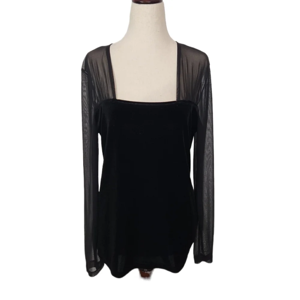 Vintage Suzie Black Velvet & Mesh Square Neck Long Sleeve Top Medium